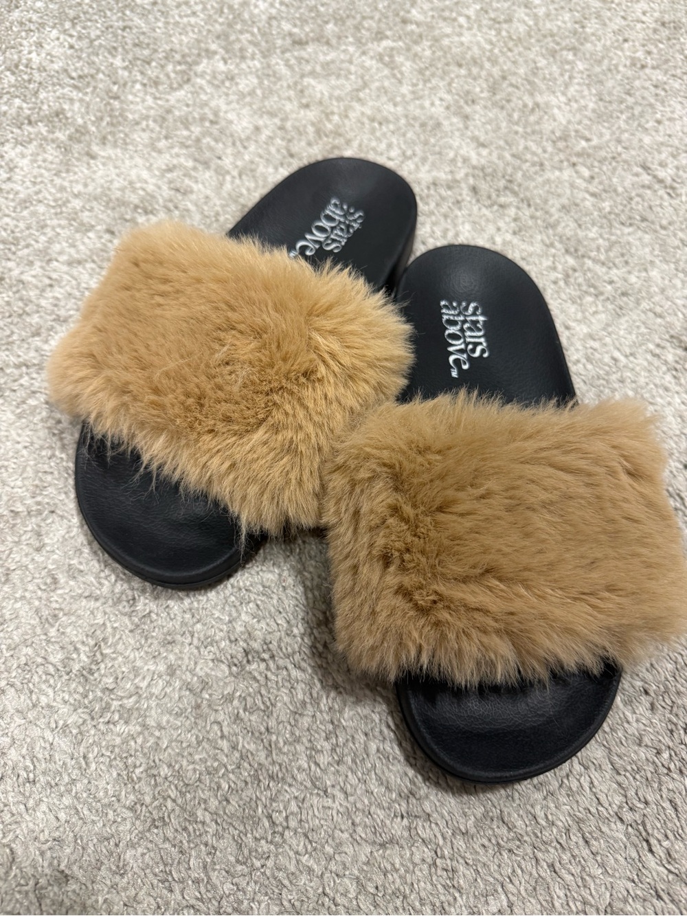 Camel Faux Fur Slide Sandals with Black Footbed